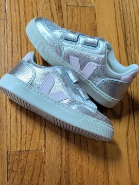 Veja Kids Metallic Silver Sneakers with Pink Accents - Velcro Closure